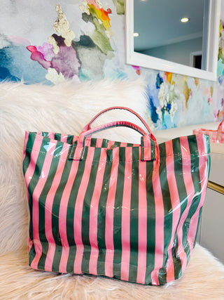 Beverly Hills Pool Bag in Green/Pink Striped Tote