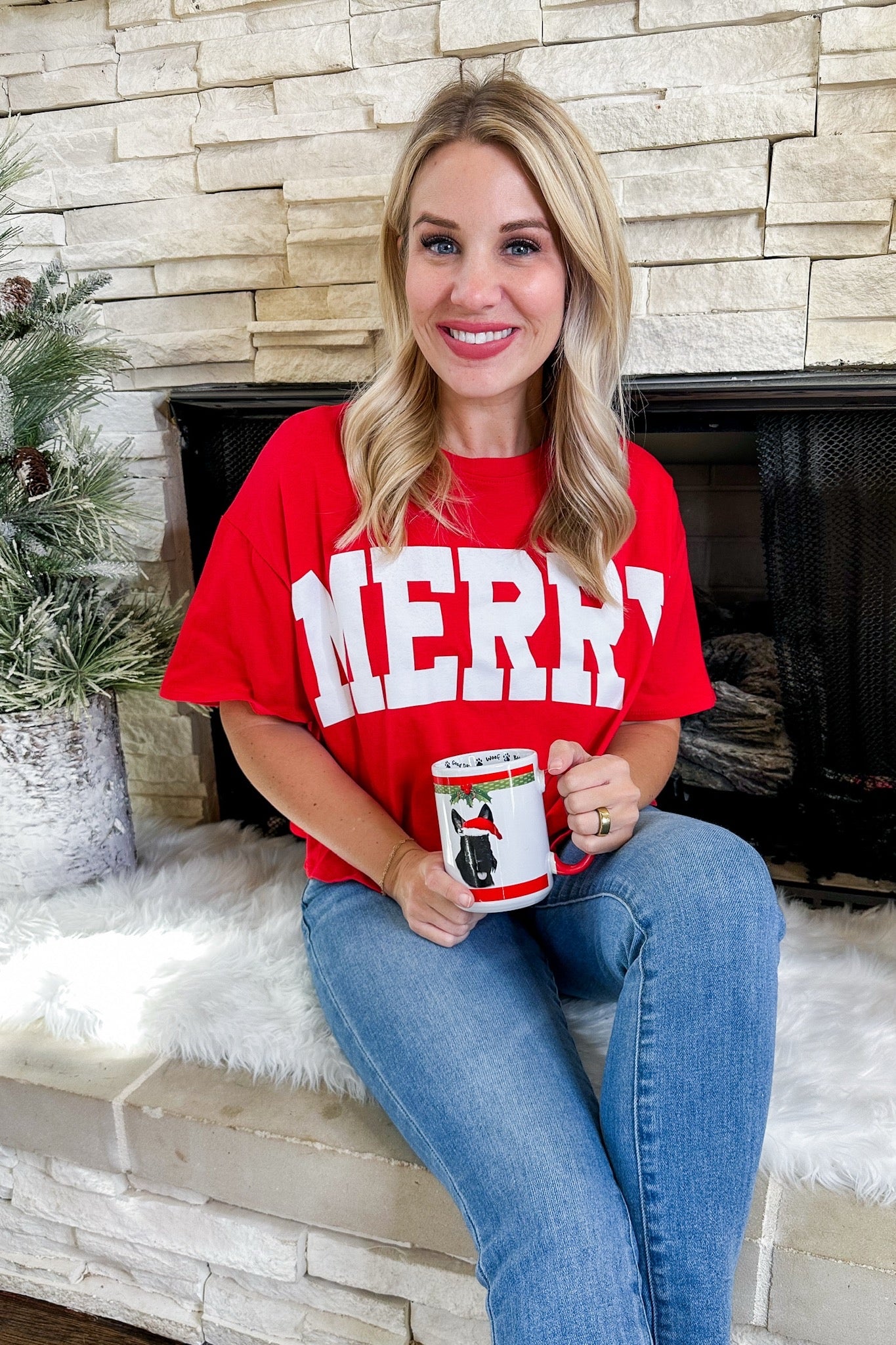 Merry Block Letter Cropped Red Short Sleeve Top