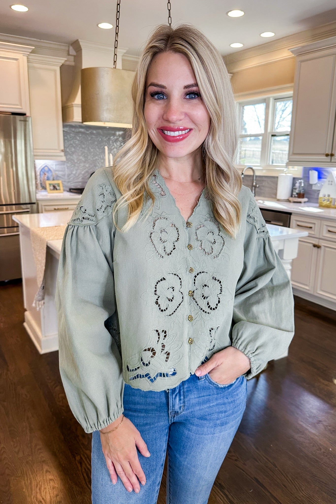 Olive Floral Eyelet Flower Loop Button Top