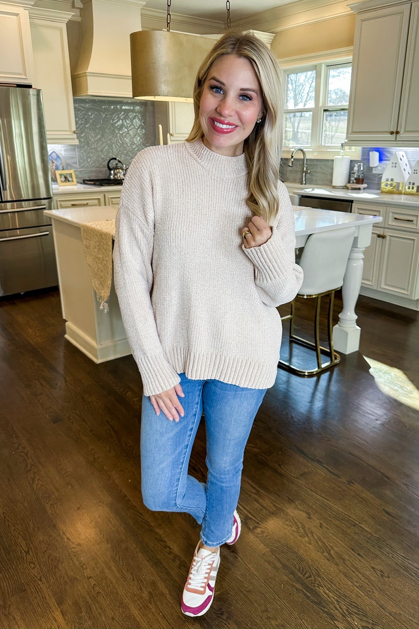 Super Soft Oatmeal Velour Knit Mock Neck Sweater