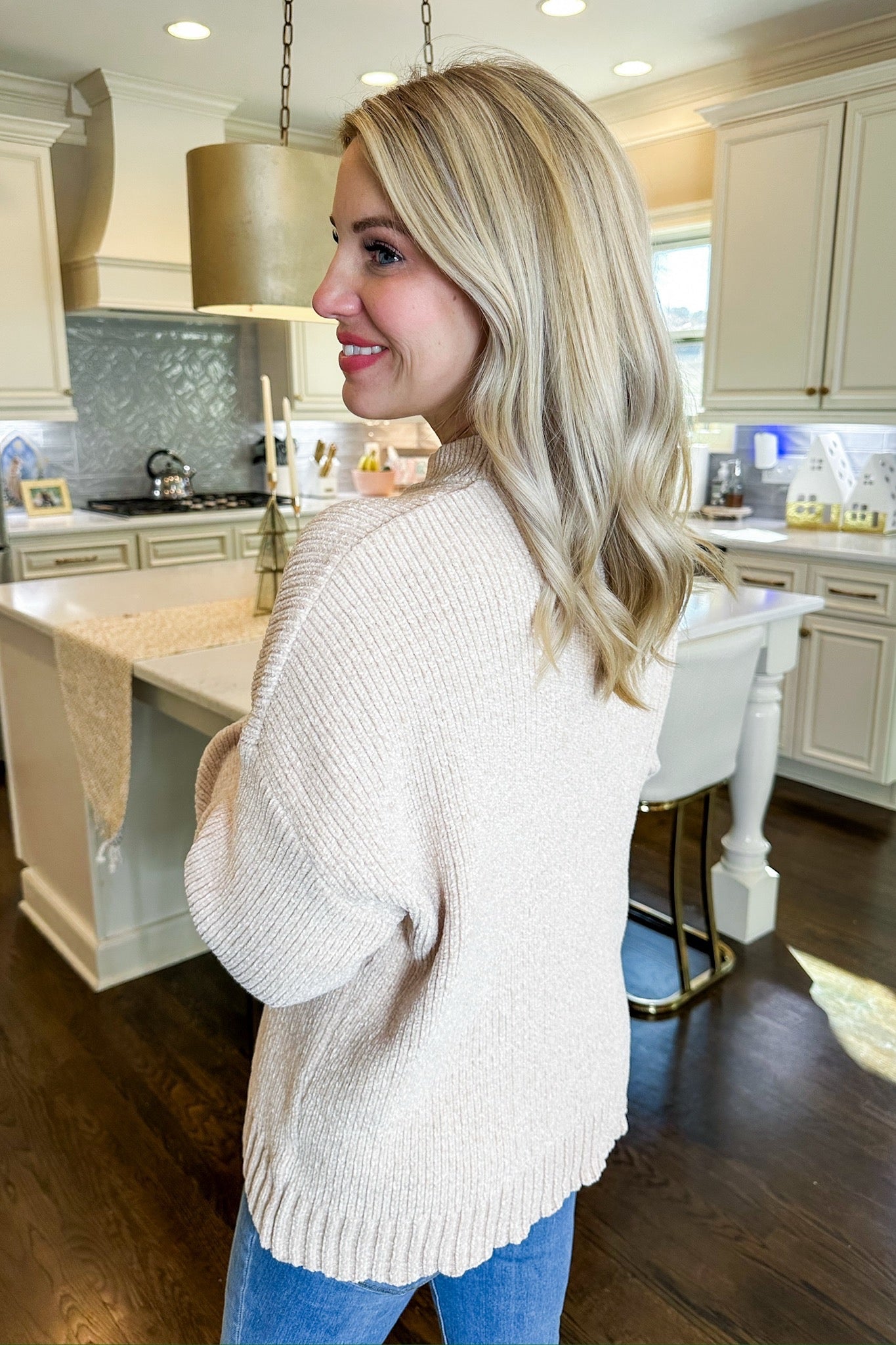 Super Soft Oatmeal Velour Knit Mock Neck Sweater