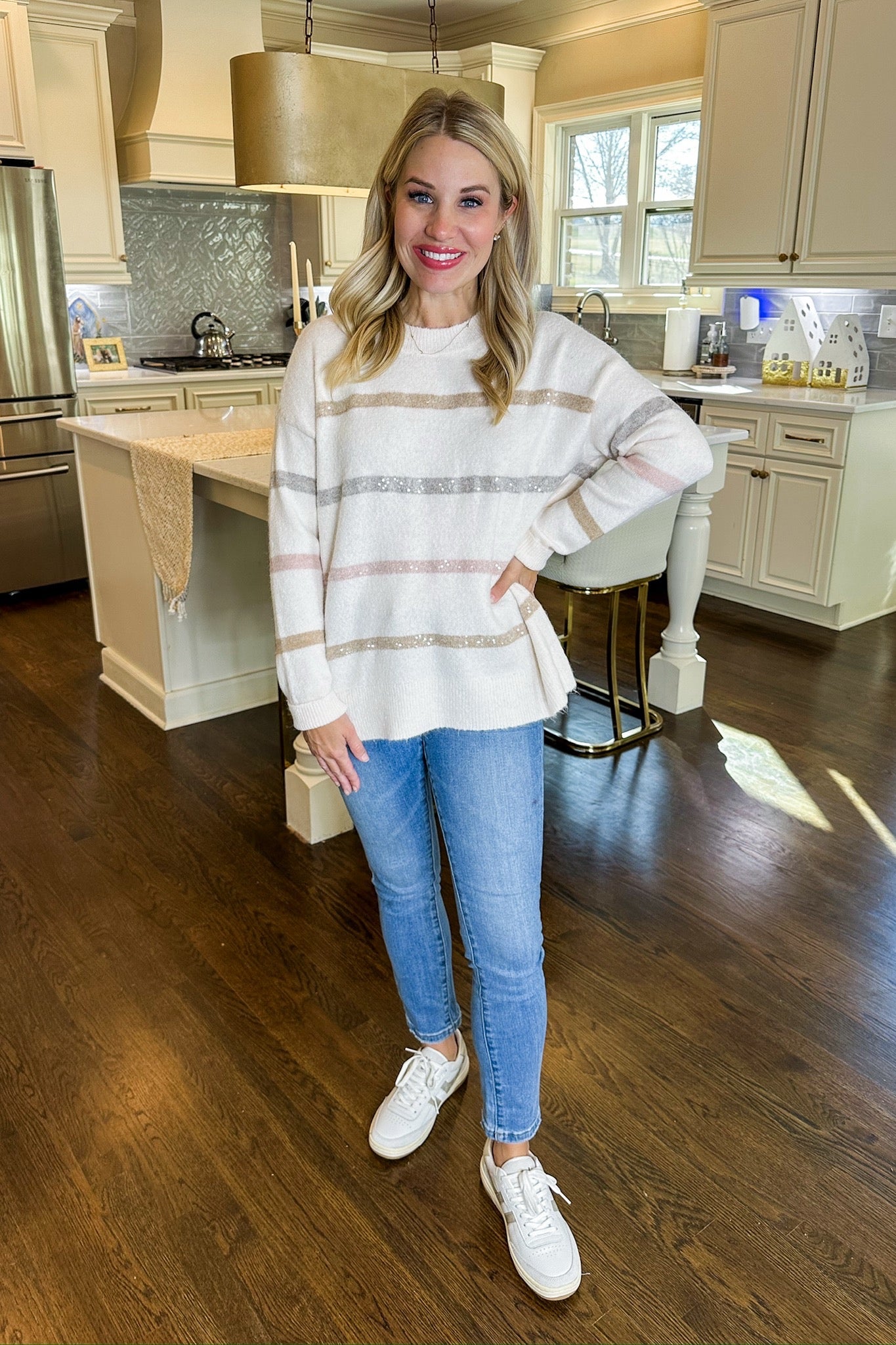 Sequined Neutral Striped Blush Knit Sweater