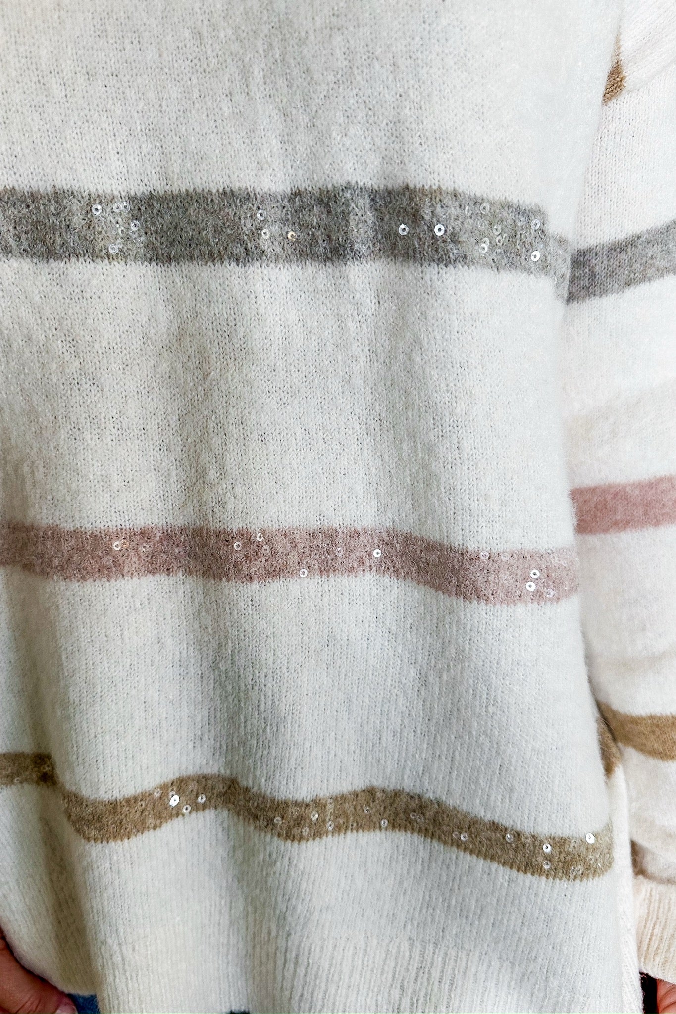 Sequined Neutral Striped Blush Knit Sweater