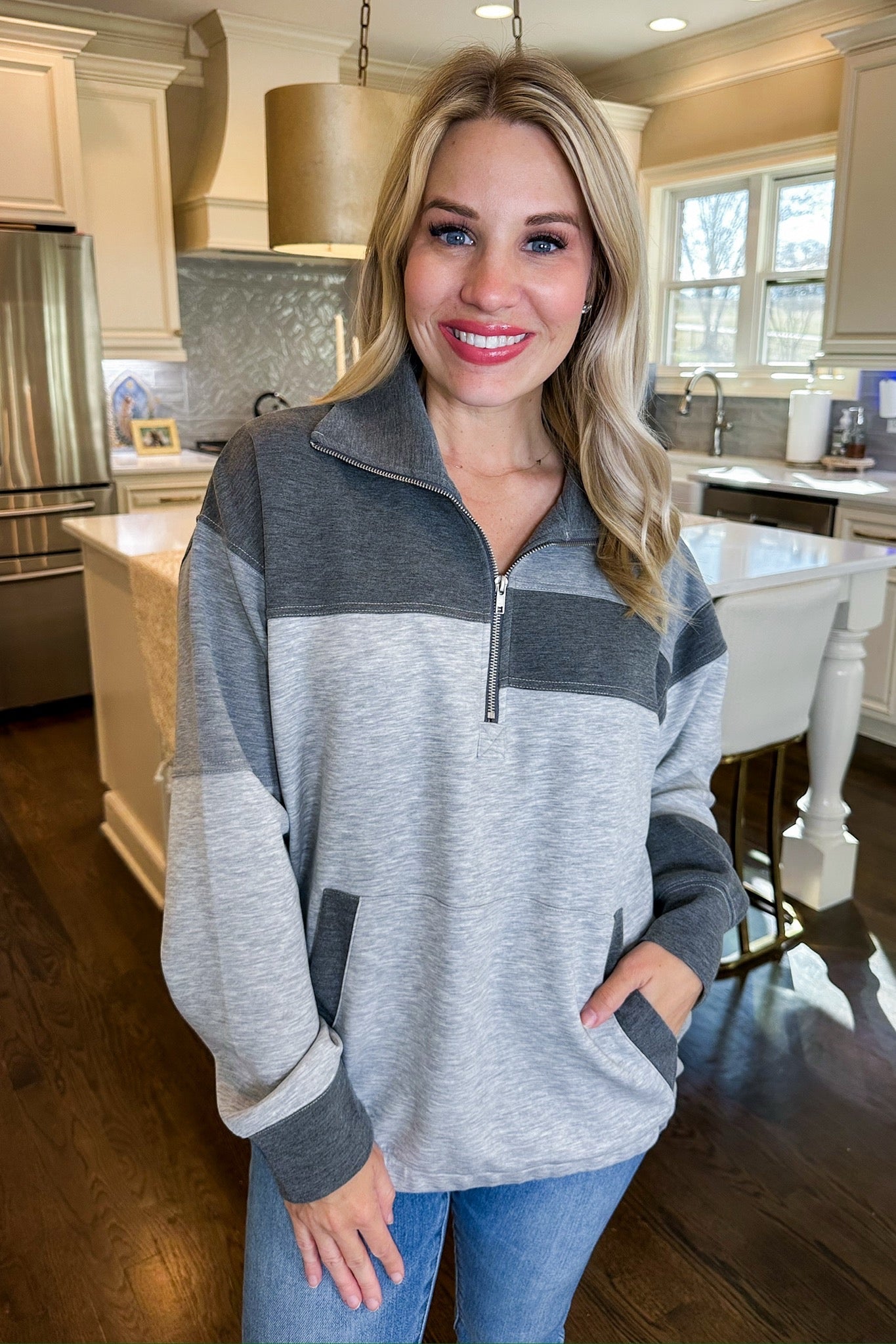 Buttery Soft Heather Grey Asymmetrical Color Block Pullover