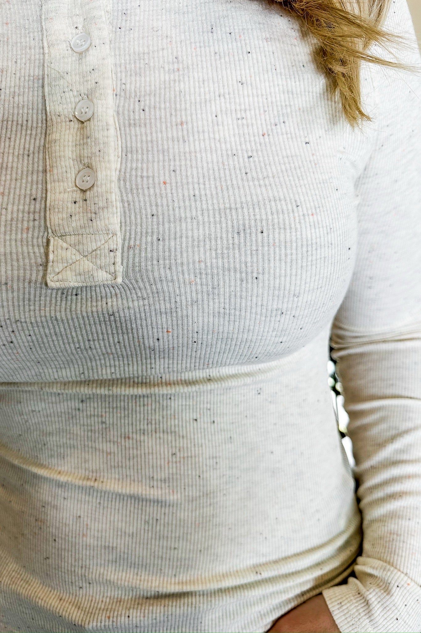 Speckled Oatmeal Ribbed Henley Top