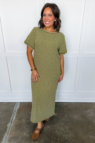The Presley Stripe Midi Dress in Olive/Cream
