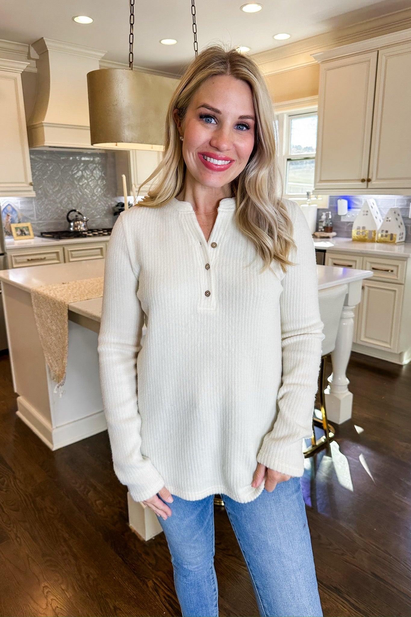 Super Soft Ribbed Ivory Fleece Henley Top