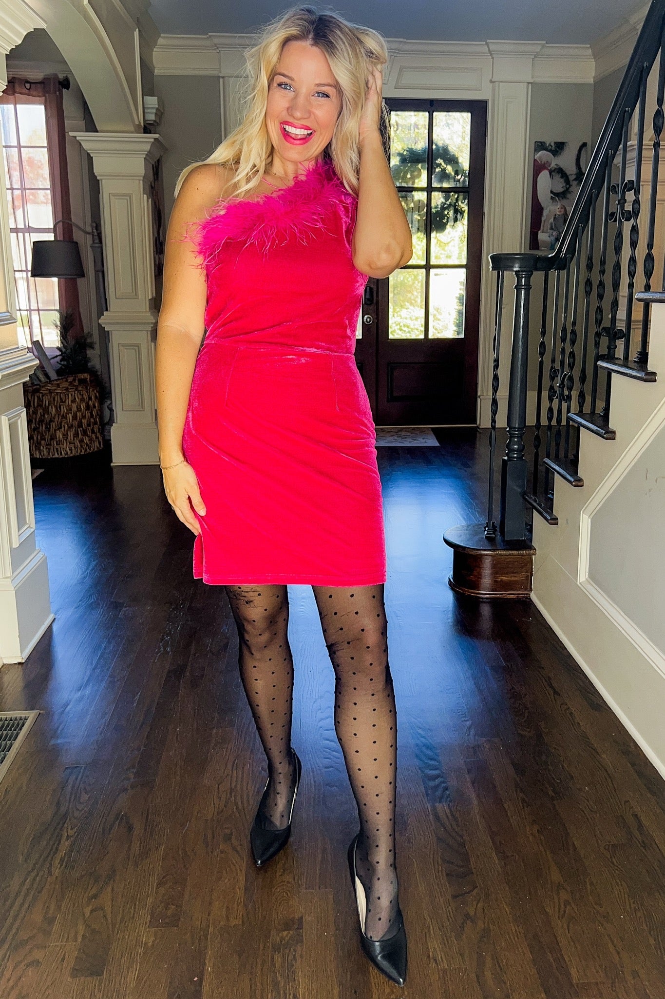 Feather Trim One Shoulder Velvet Dress in Hot Pink