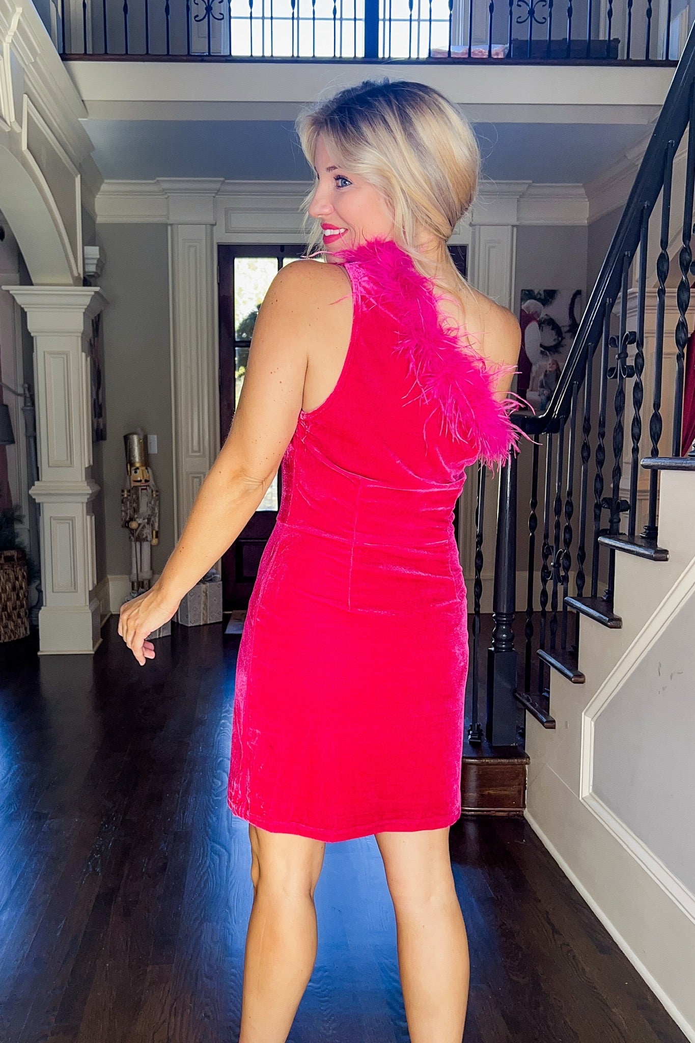 Feather Trim One Shoulder Velvet Dress in Hot Pink