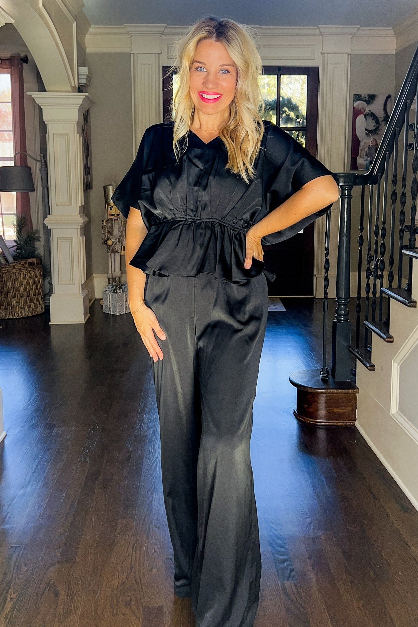 Tall Girl Friendly - Satin V Neck Ruffle Waist Pocketed Black Jumpsuit