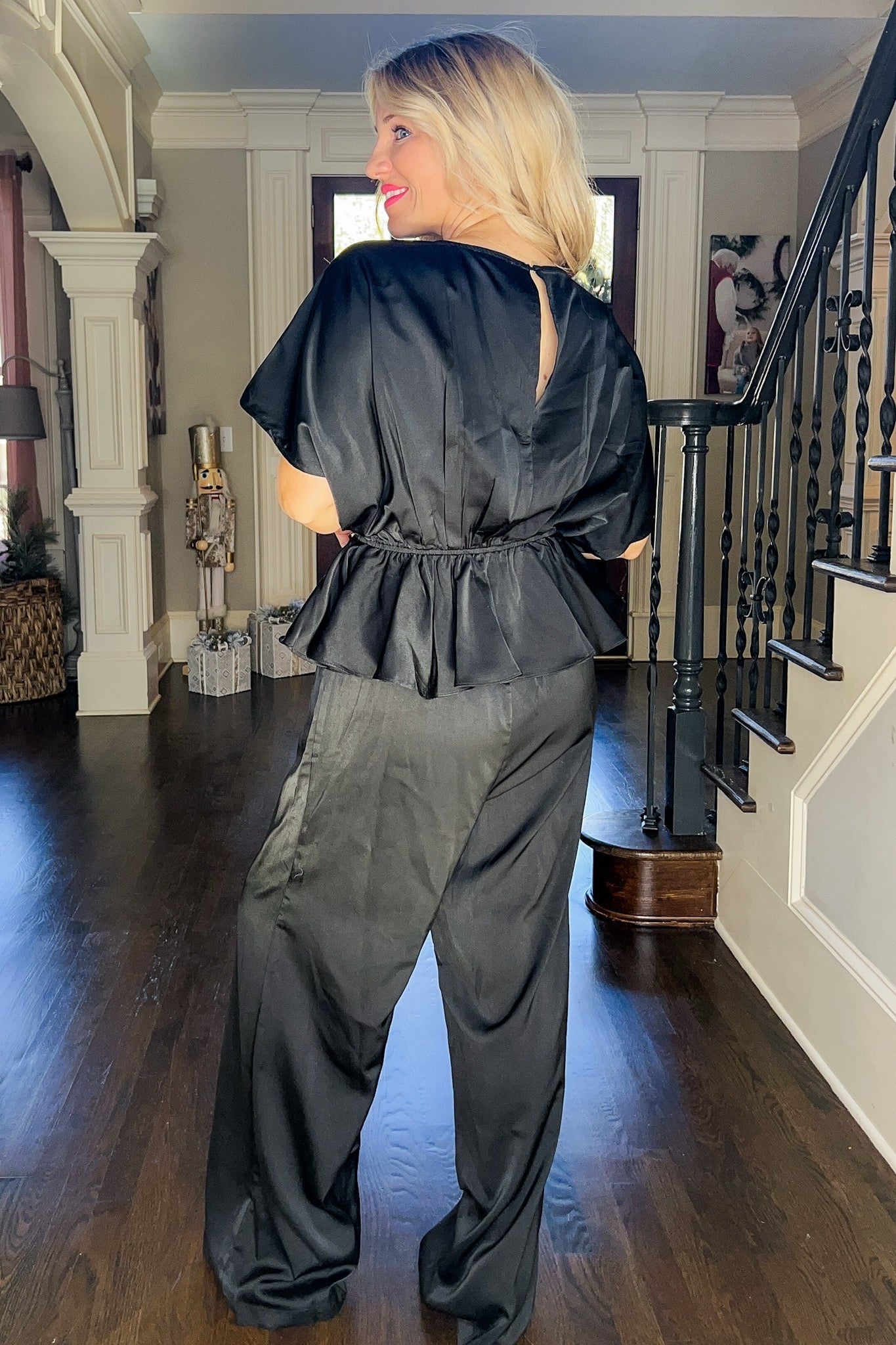 Tall Girl Friendly - Satin V Neck Ruffle Waist Pocketed Black Jumpsuit