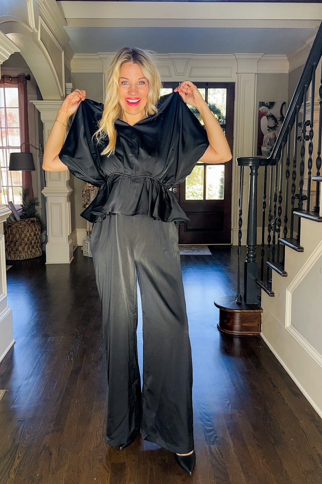 Tall Girl Friendly - Satin V Neck Ruffle Waist Pocketed Black Jumpsuit