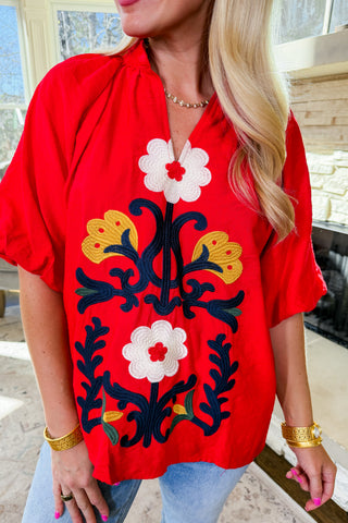 Scarlet Bloom Embroidered Top
