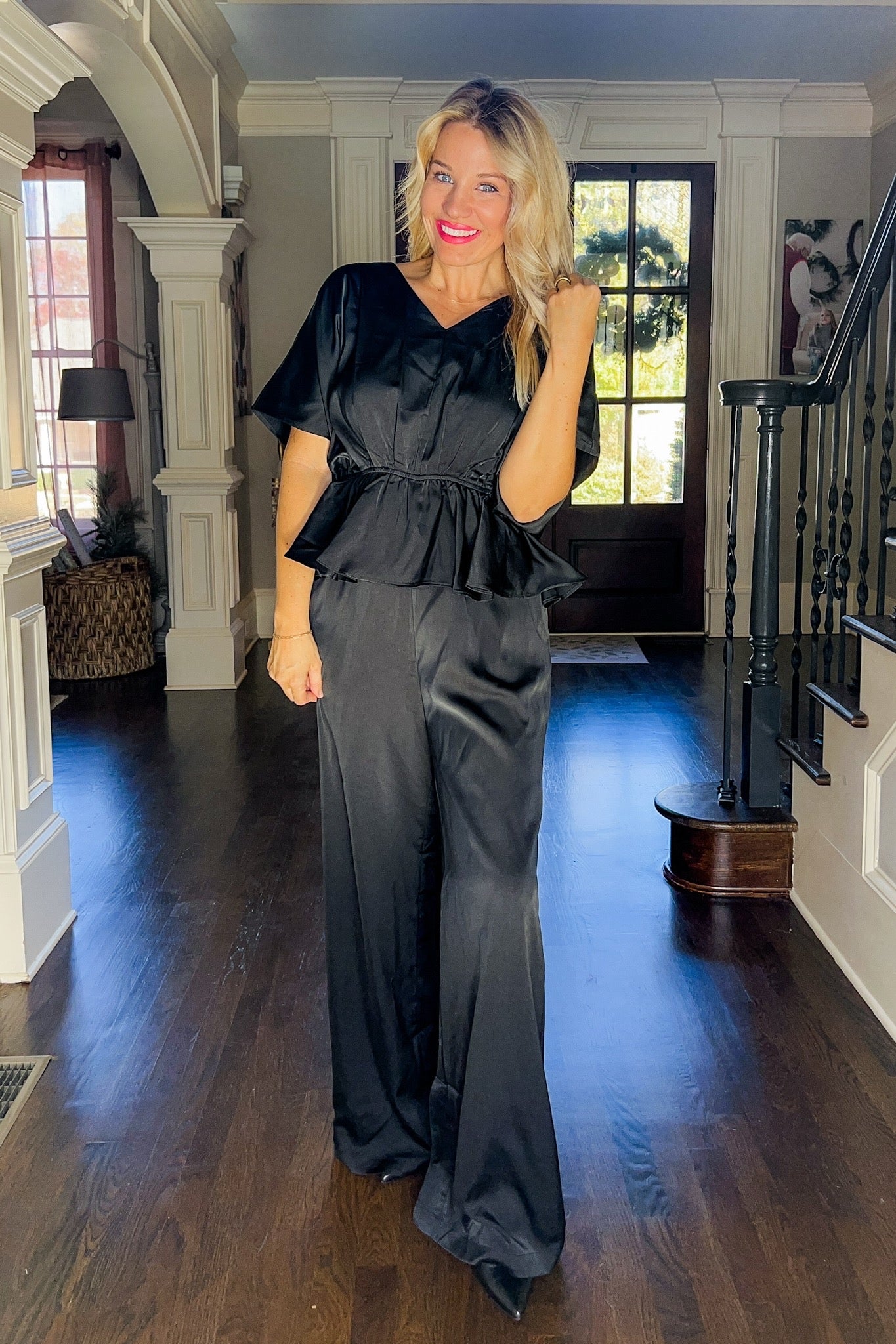 Tall Girl Friendly - Satin V Neck Ruffle Waist Pocketed Black Jumpsuit