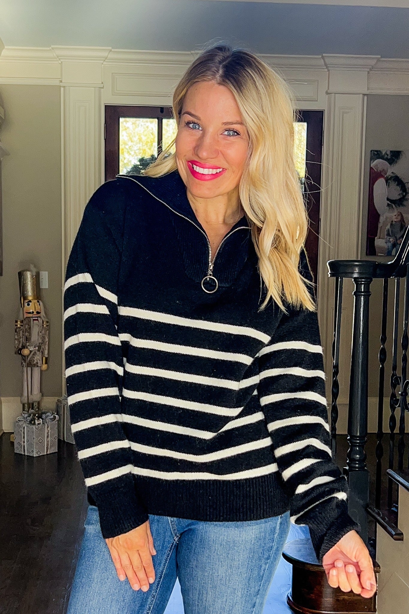 Retro Half Zip Collared Black & White Striped Knit pullover