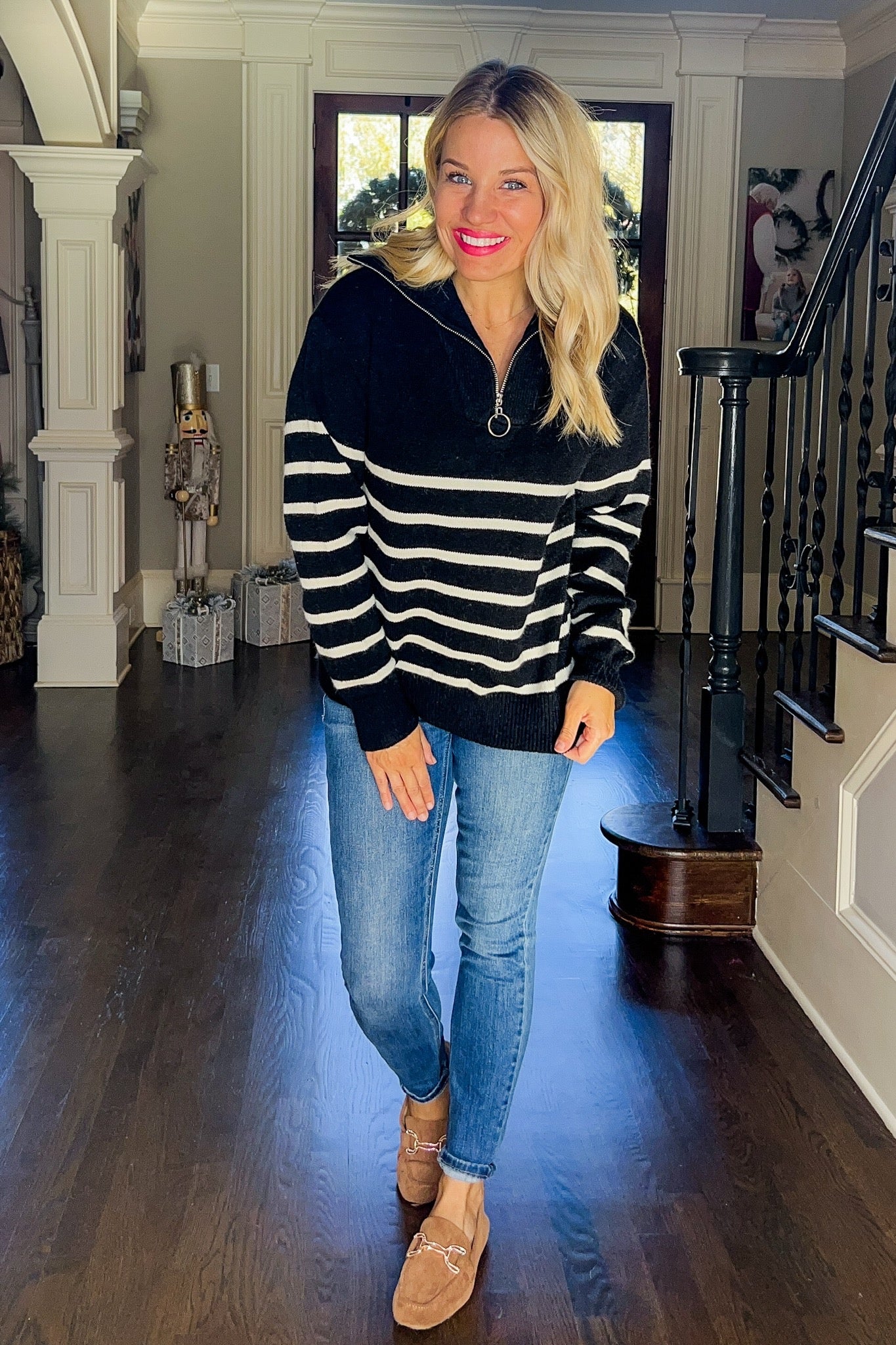 Retro Half Zip Collared Black & White Striped Knit pullover