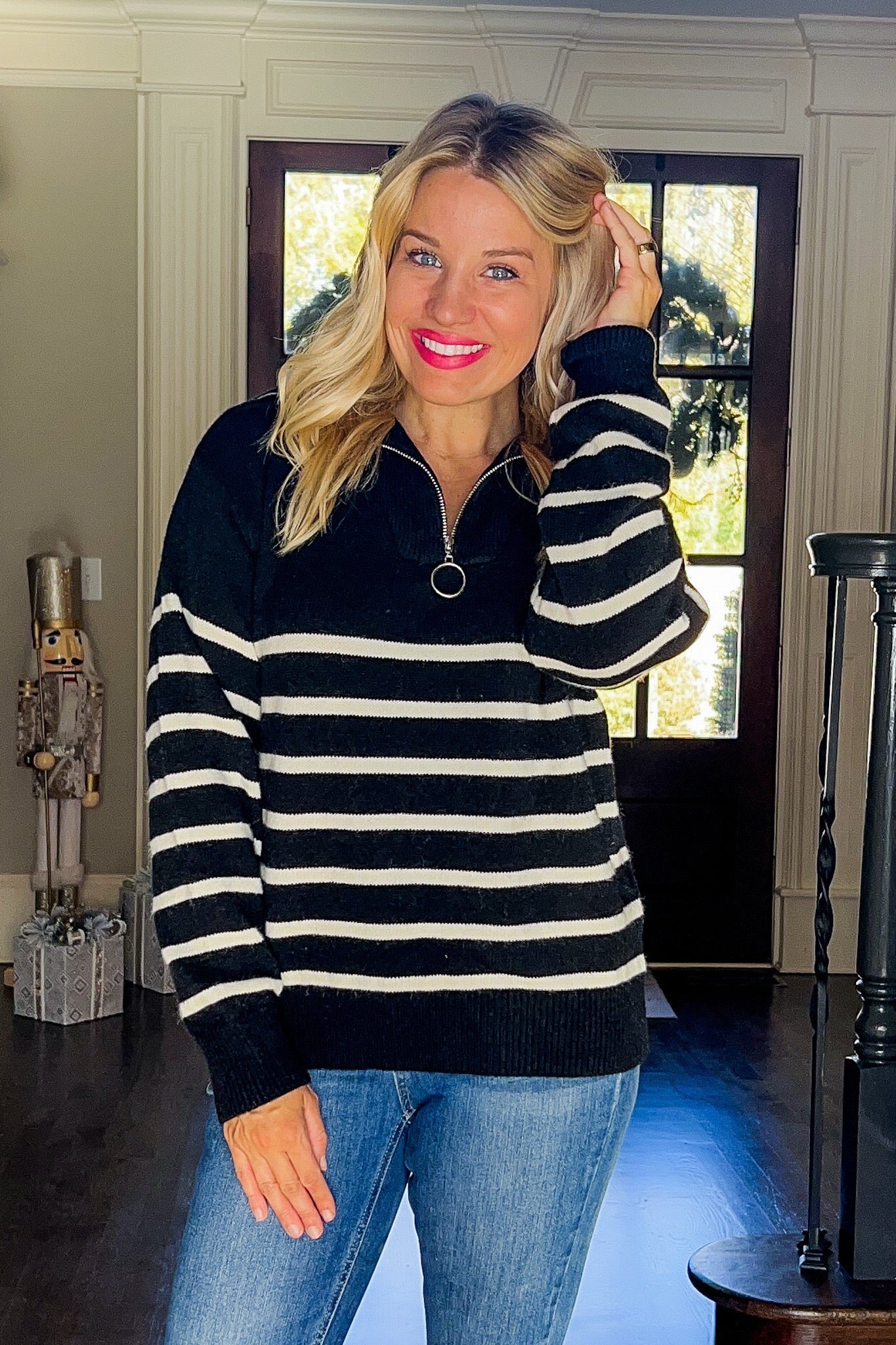 Retro Half Zip Collared Black & White Striped Knit pullover