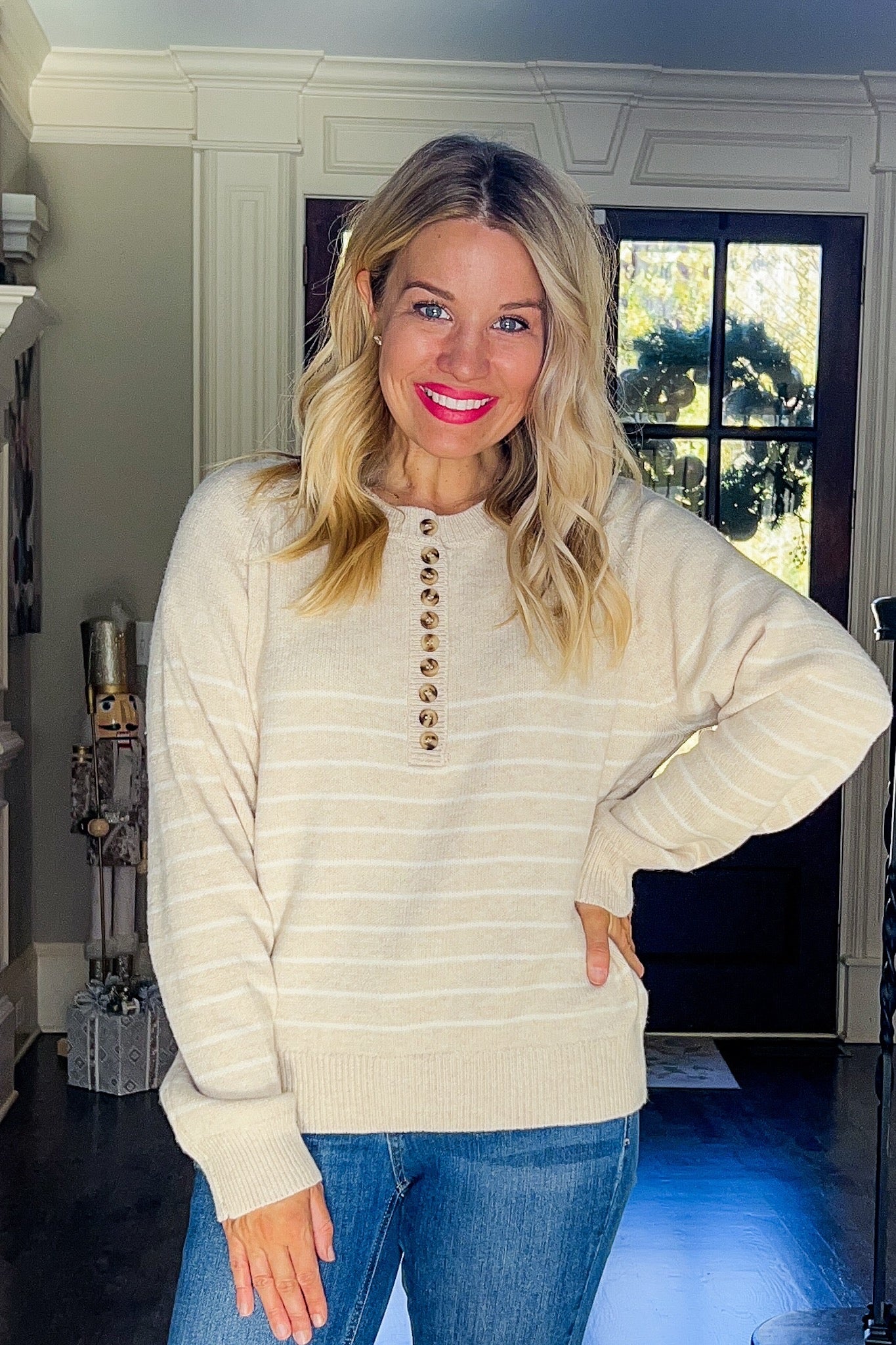 Half Button Down Beige & Cream Striped Knit Sweater