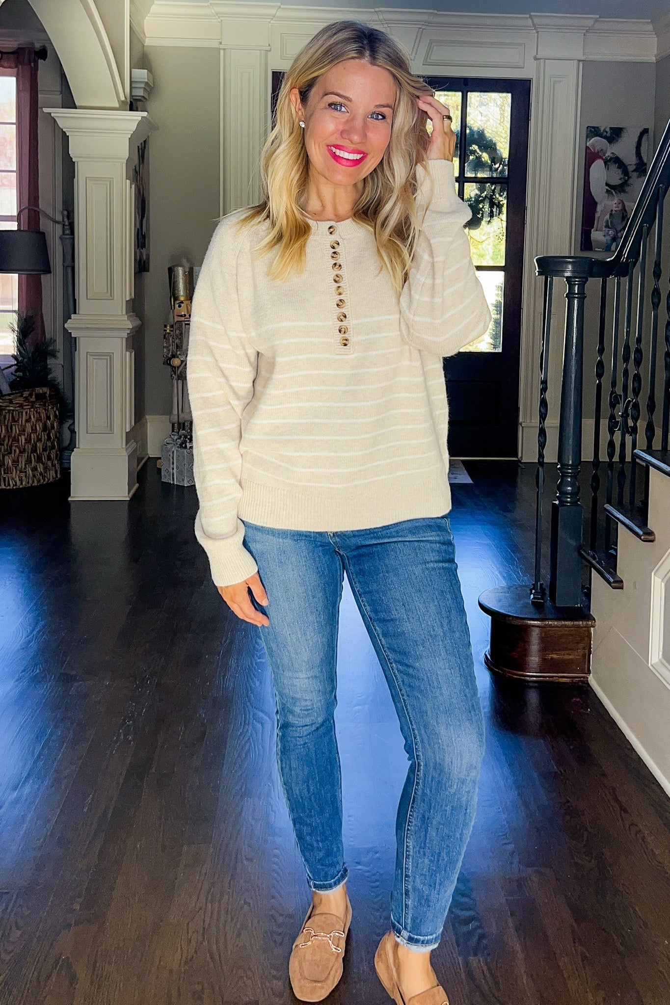 Half Button Down Beige & Cream Striped Knit Sweater