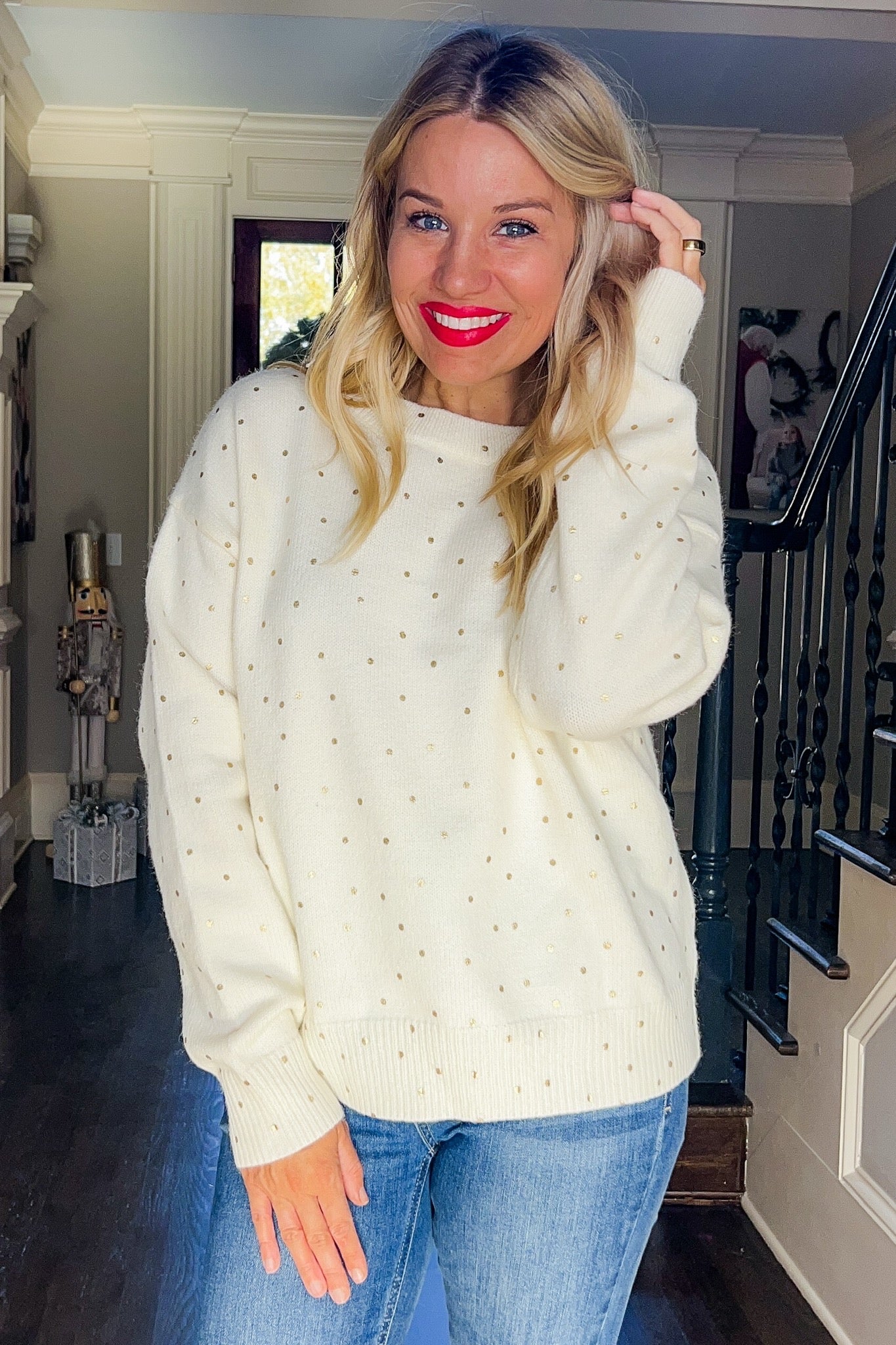 Gold Foil Polka Dot Cream Knit Sweater