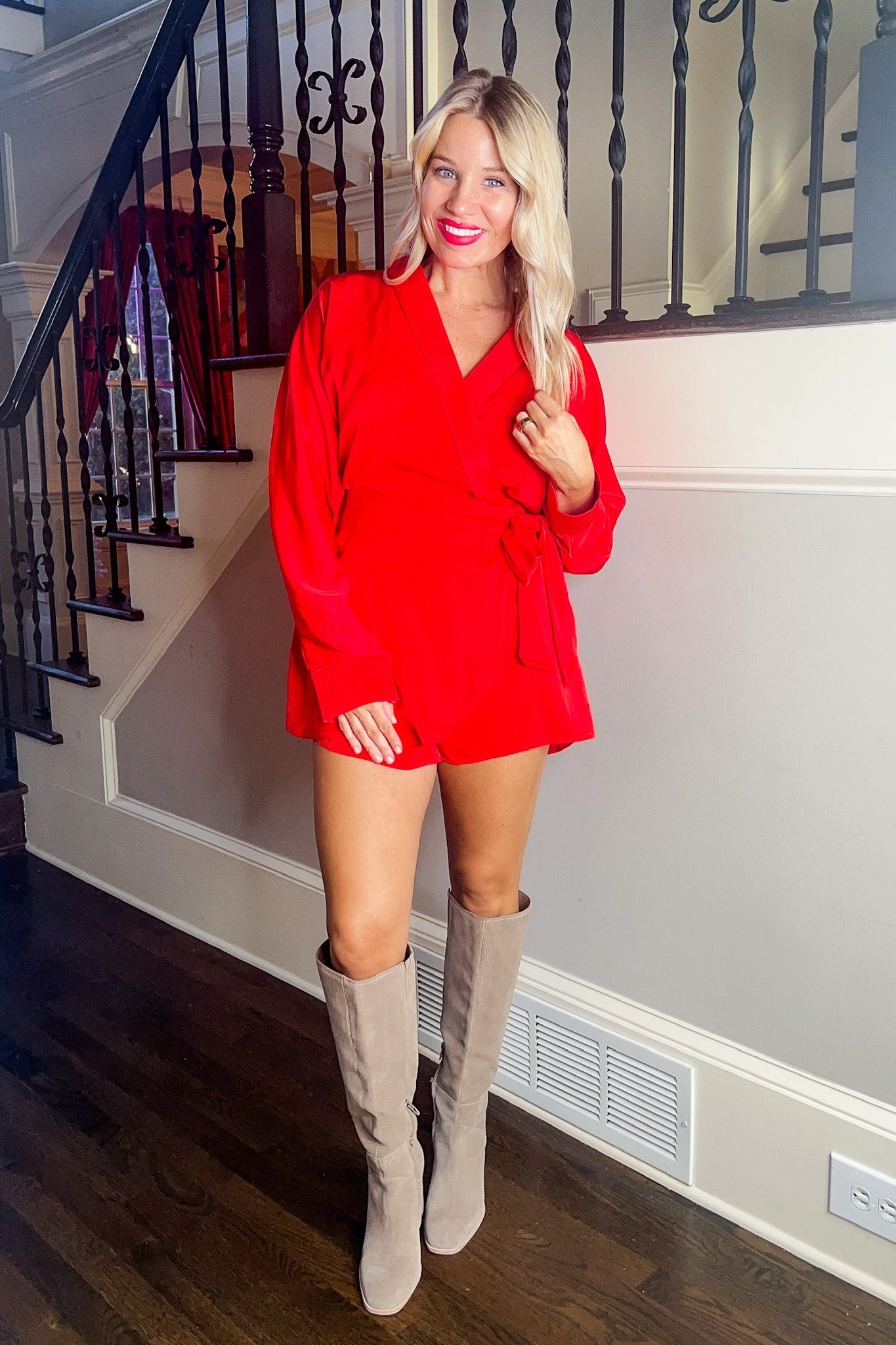 Satin Long Sleeve Faux Wrap Romper in Red