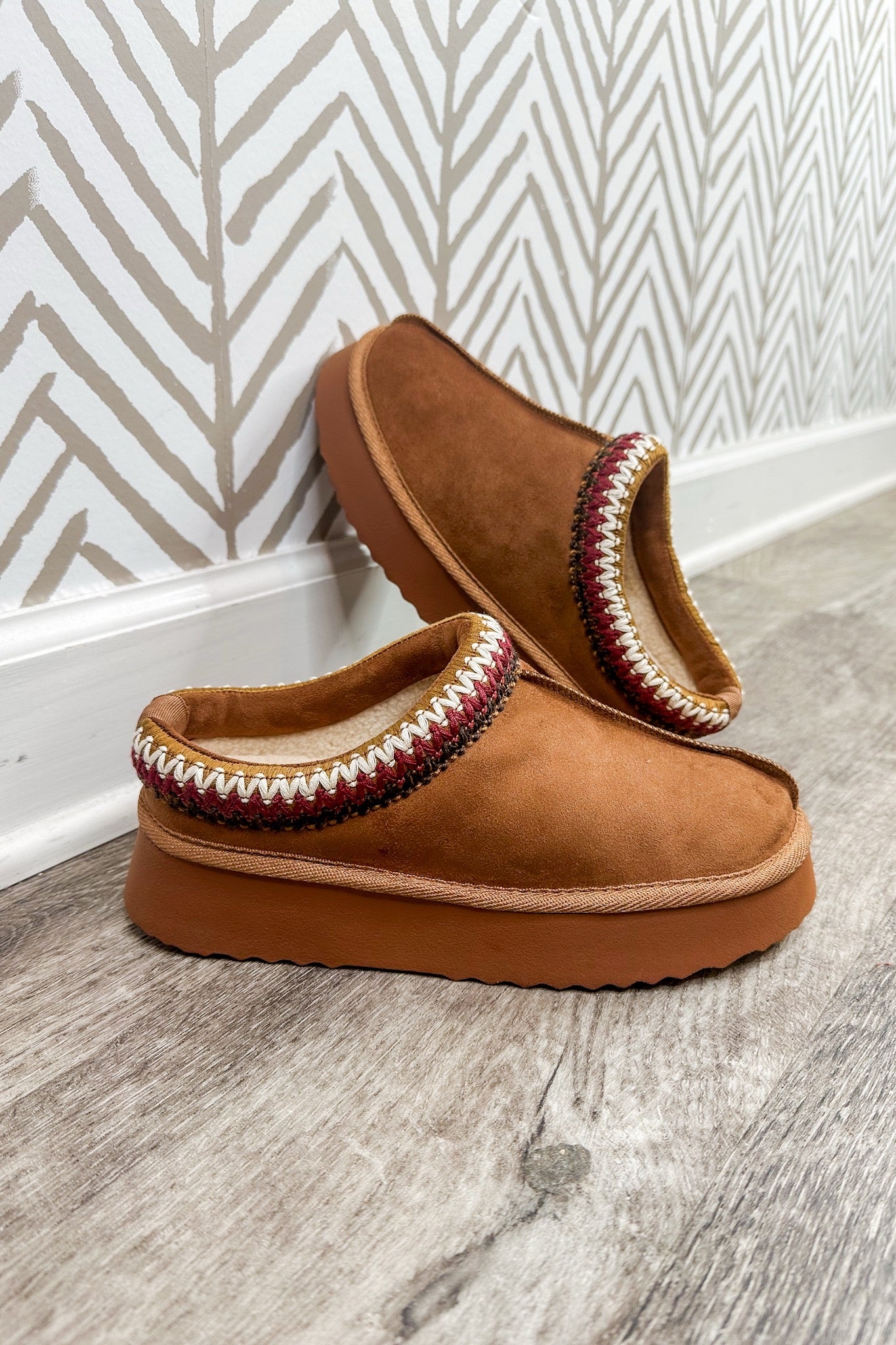 Designer Lookalike Suede Platform Slippers in Cognac