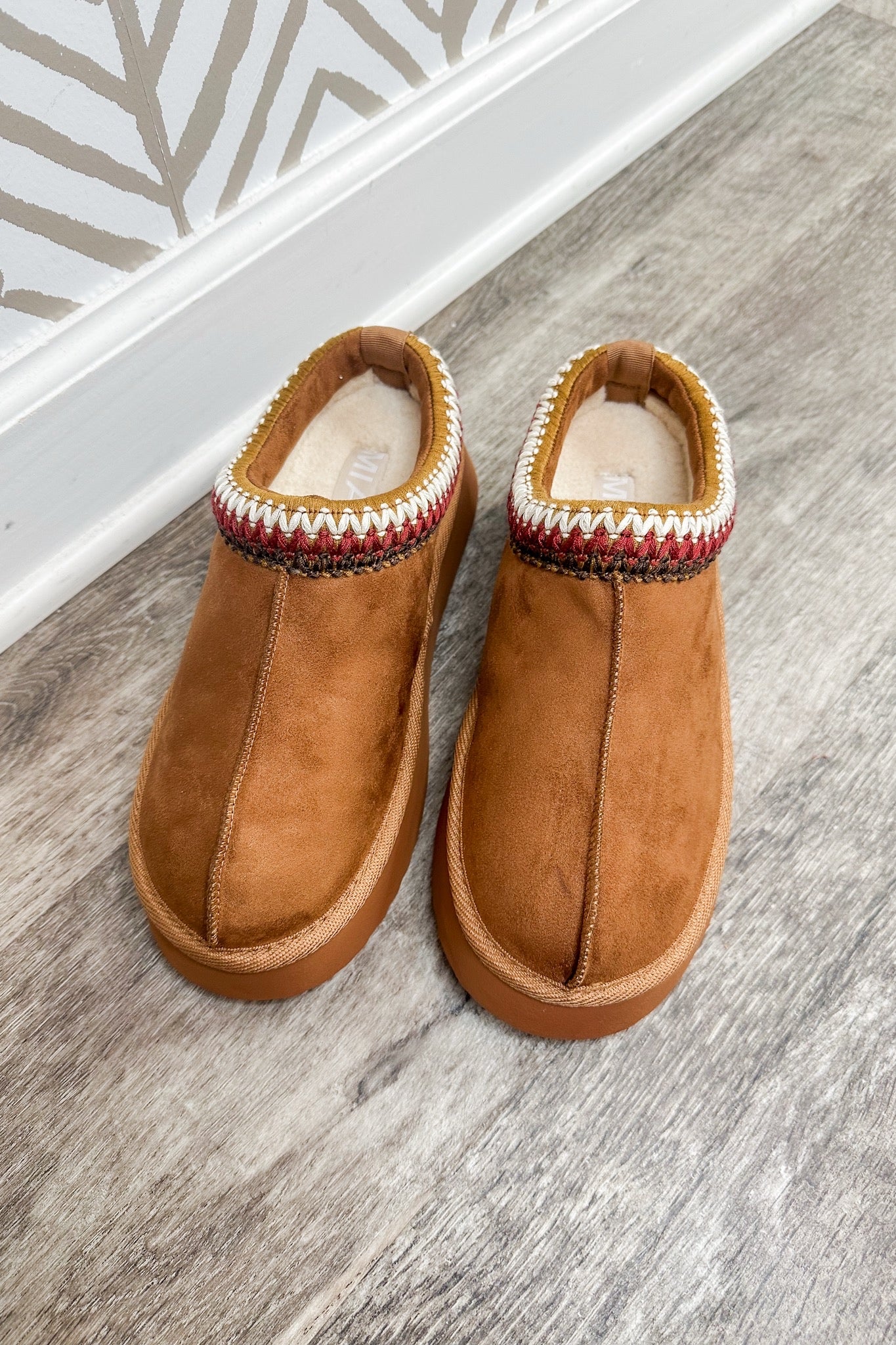 Designer Lookalike Suede Platform Slippers in Cognac