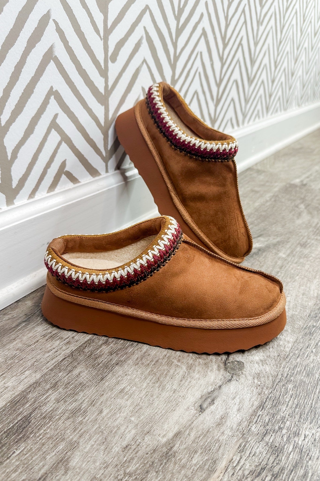 Designer Lookalike Suede Platform Slippers in Cognac