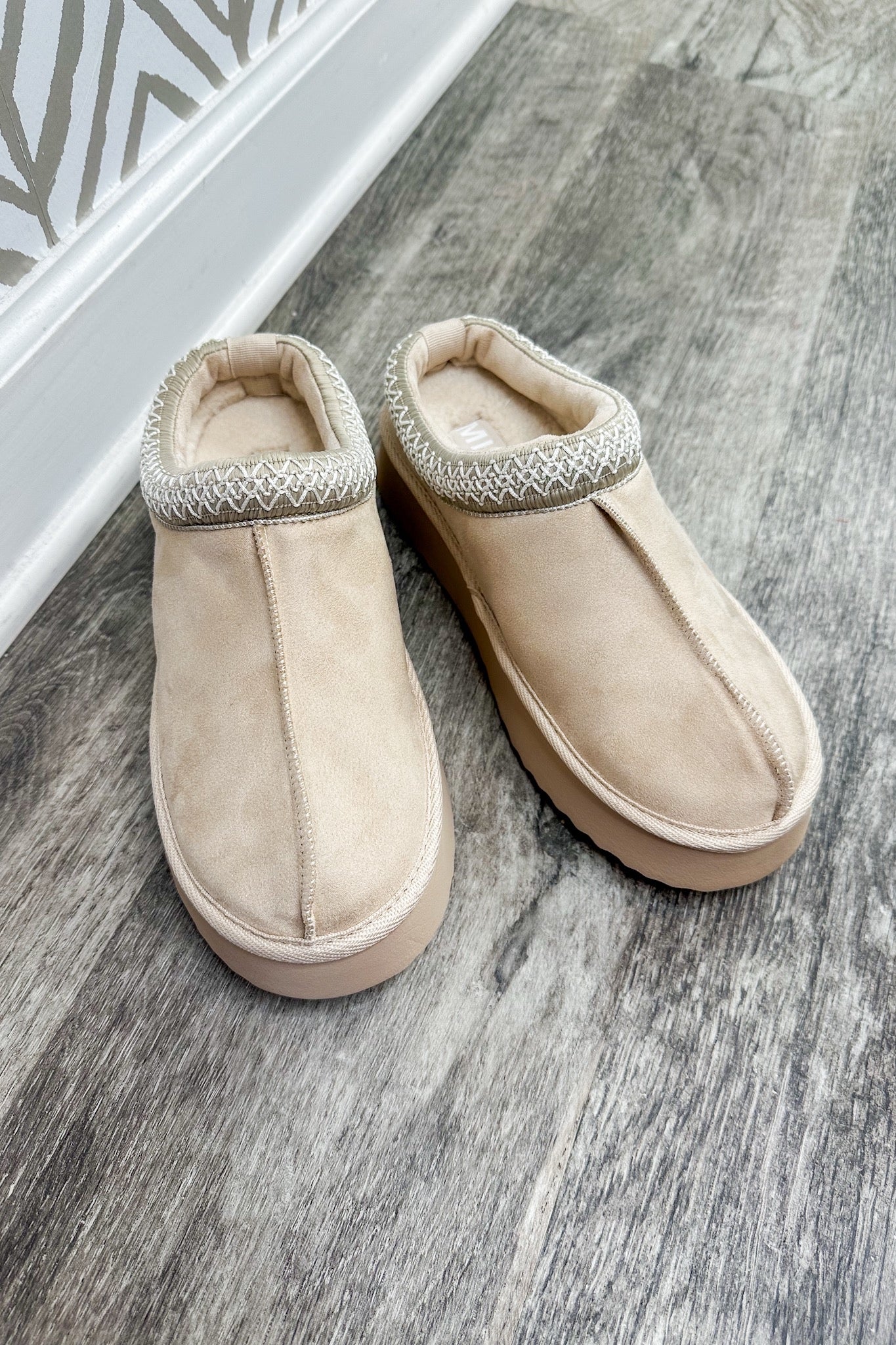 Designer Lookalike Suede Platform Slippers in Beige