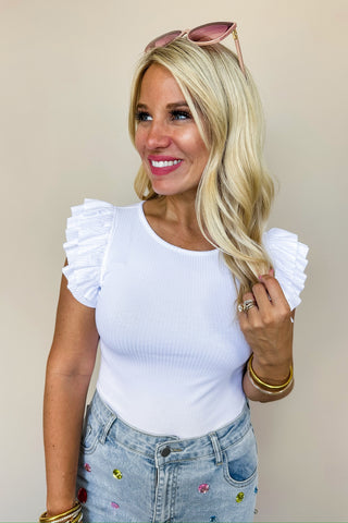 Flirty Ruffle Bodysuit In White