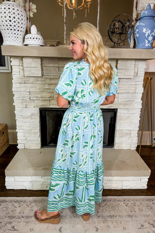 The Tracey Dress in Trellis Tiles Blue by Mary Square