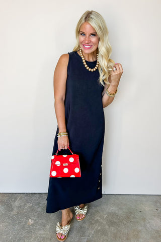 Black Gold Button Midi Fitted Dress