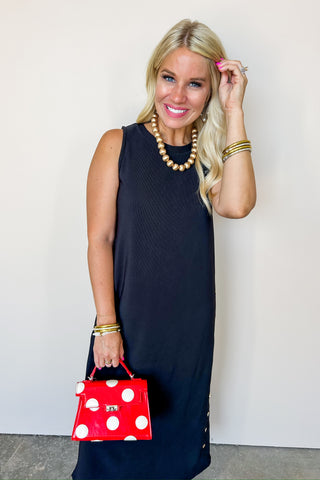 Black Gold Button Midi Fitted Dress