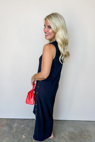 Black Gold Button Midi Fitted Dress