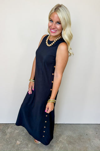 black midi dress gold buttons Belted Midi Dress With Gold Buttons