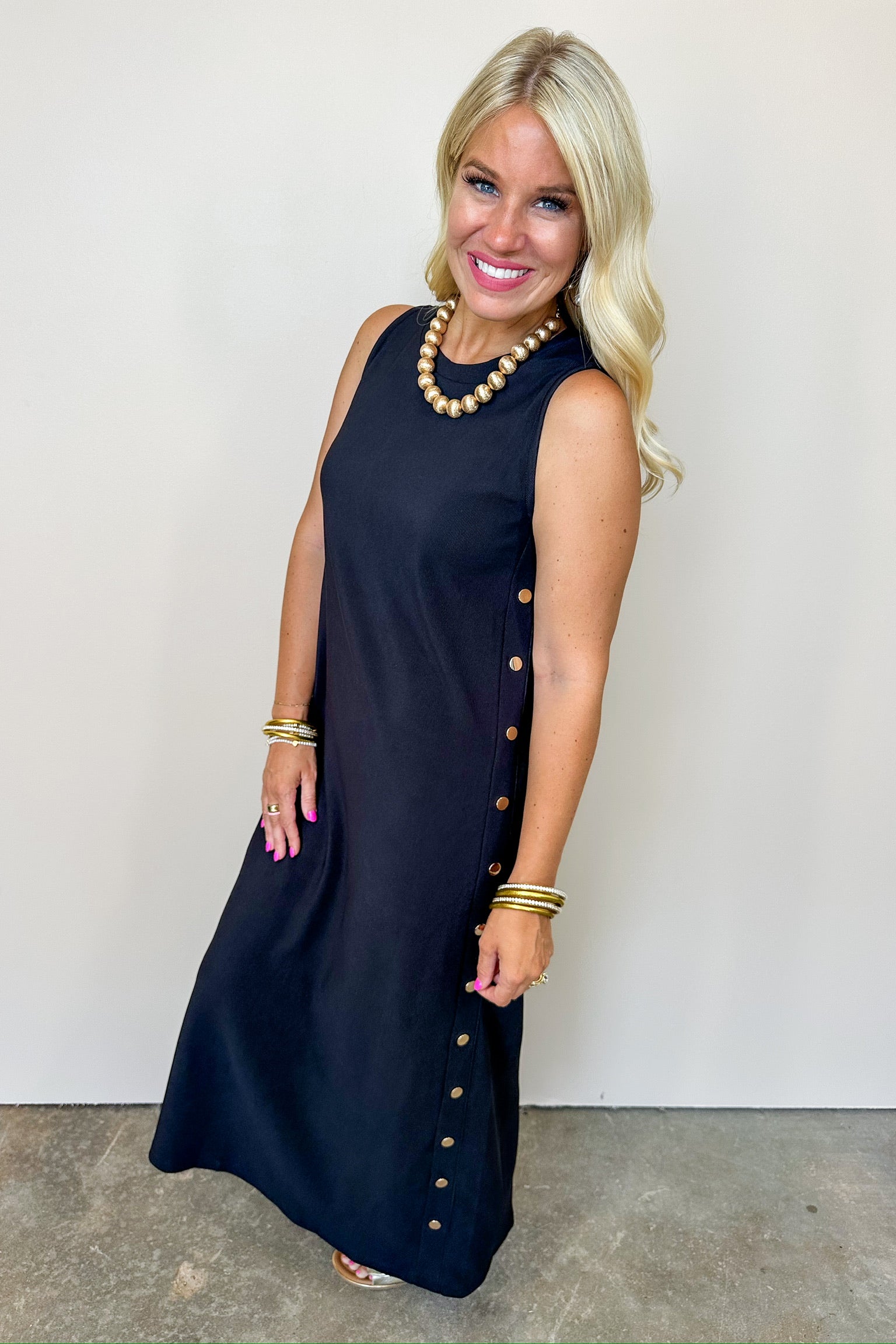 Black Gold Button Midi Fitted Dress Jules & James Boutique Black Gold Button Midi Fitted Dress Jules & James Boutique