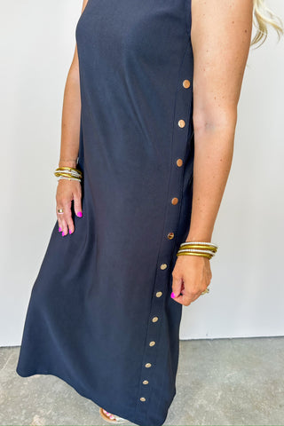 Black Gold Button Midi Fitted Dress