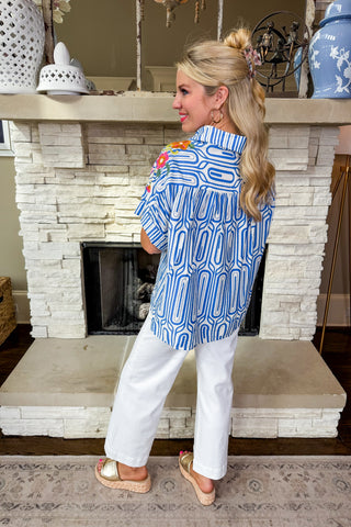 Petal Pop Blue Button Front Top