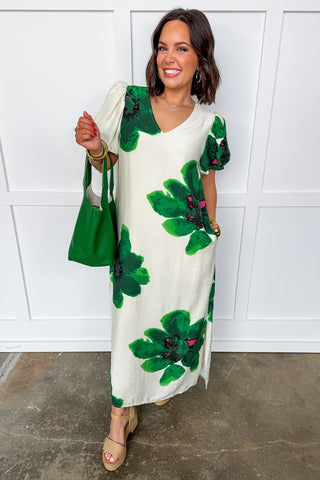 emerald green floral midi dress Emerald Green Jacquard Floral Midi Dress at Maria Vincent Boutique Emerald / S