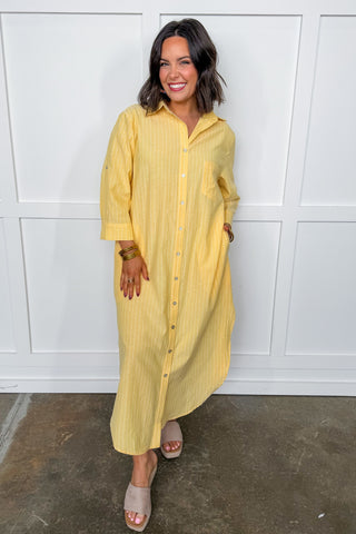 The Sunday Stroll Pinstripe Shirt Dress in Yellow