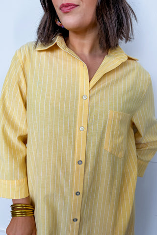 The Sunday Stroll Pinstripe Shirt Dress in Yellow