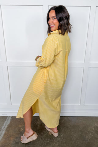 The Sunday Stroll Pinstripe Shirt Dress in Yellow