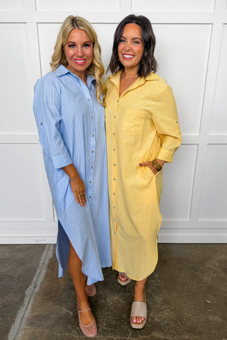 The Sunday Stroll Pinstripe Shirt Dress in Blue