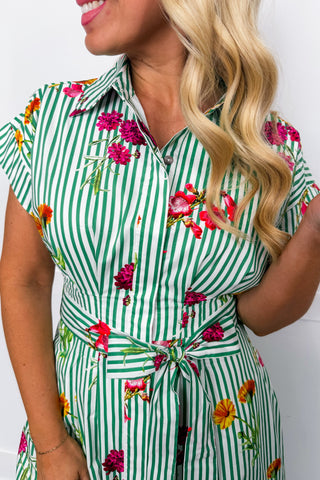 A Summer Bouquet Midi Dress in Green Floral Stripes