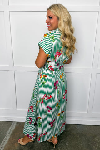 A Summer Bouquet Midi Dress in Green Floral Stripes