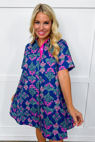 Femme Floral Button Front Dress in Navy + Fuchsia