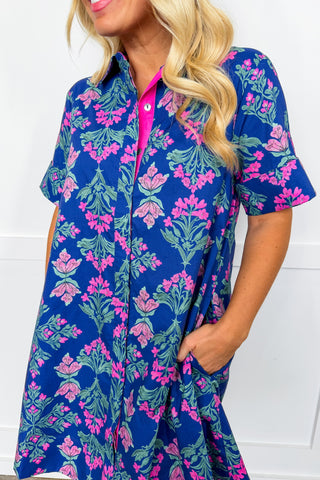 Femme Floral Button Front Dress in Navy + Fuchsia