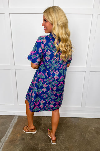 Femme Floral Button Front Dress in Navy + Fuchsia