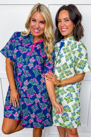 Femme Floral Button Front Dress in Cream + Blue + Green