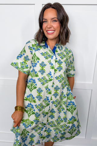 Femme Floral Button Front Dress in Cream + Blue + Green